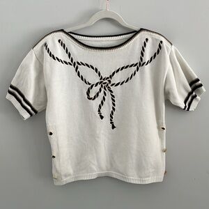 Boat neck knit White and Blue Women's Top with gold‎ accents